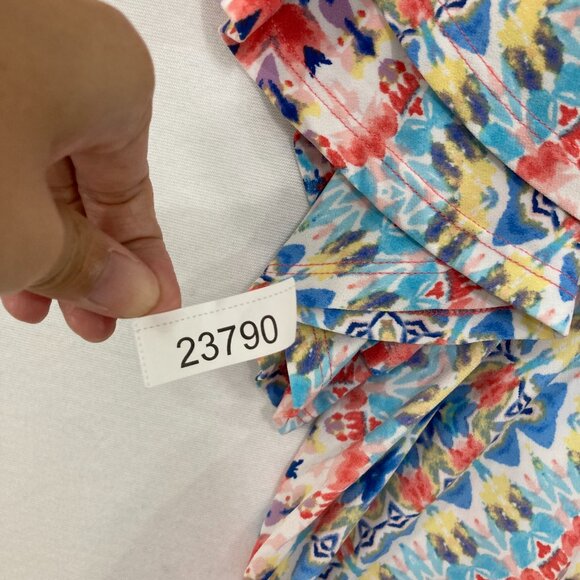 Ruby Rd. size XL Red Blue Artsy Boho Print Flare Sleeve Stretch Knit Relaxed Top - Picture 8 of 8